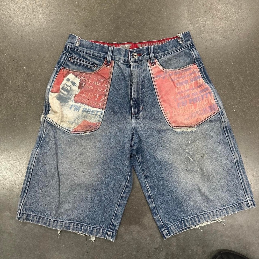 Platinum fubu distressed muhammed ali custom graphic jean shorts Size 34x13
